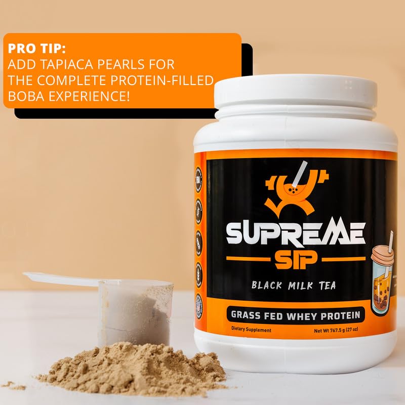 Supreme Sip Boba Protein Powder Made with Real Black Tea - Boba Milk Tea Sweetened with Natural Monk Fruit - Clean, Creamy Boba Tea Protein Powder - Grass Fed Whey Protein Isolate Bubble Tea - 27 Oz