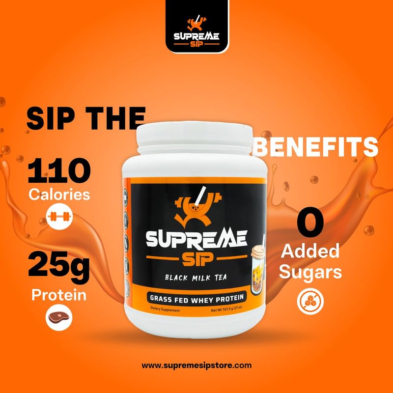 Supreme Sip Boba Protein Powder Made with Real Black Tea - Boba Milk Tea Sweetened with Natural Monk Fruit - Clean, Creamy Boba Tea Protein Powder - Grass Fed Whey Protein Isolate Bubble Tea - 27 Oz