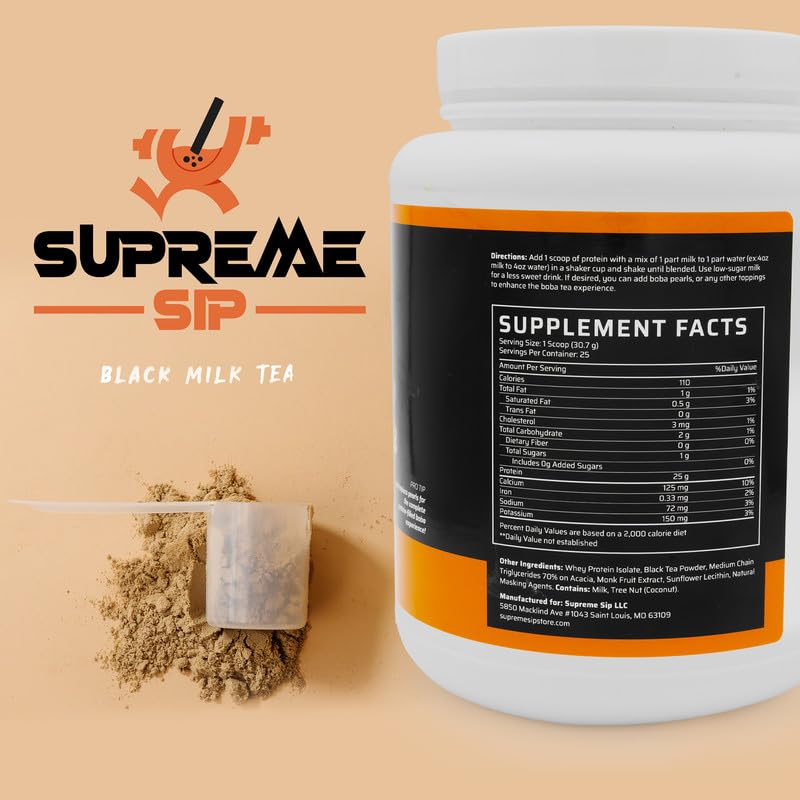 Supreme Sip Boba Protein Powder Made with Real Black Tea - Boba Milk Tea Sweetened with Natural Monk Fruit - Clean, Creamy Boba Tea Protein Powder - Grass Fed Whey Protein Isolate Bubble Tea - 27 Oz