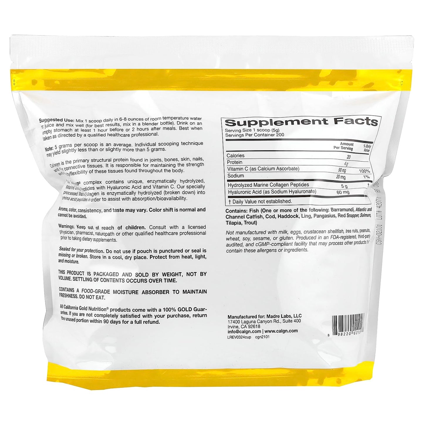 California Gold Nutrition CollagenUP®, Hydrolyzed Marine Collagen Peptides with Hyaluronic Acid and Vitamin C, Unflavored, 2.2 lb (1 kg)