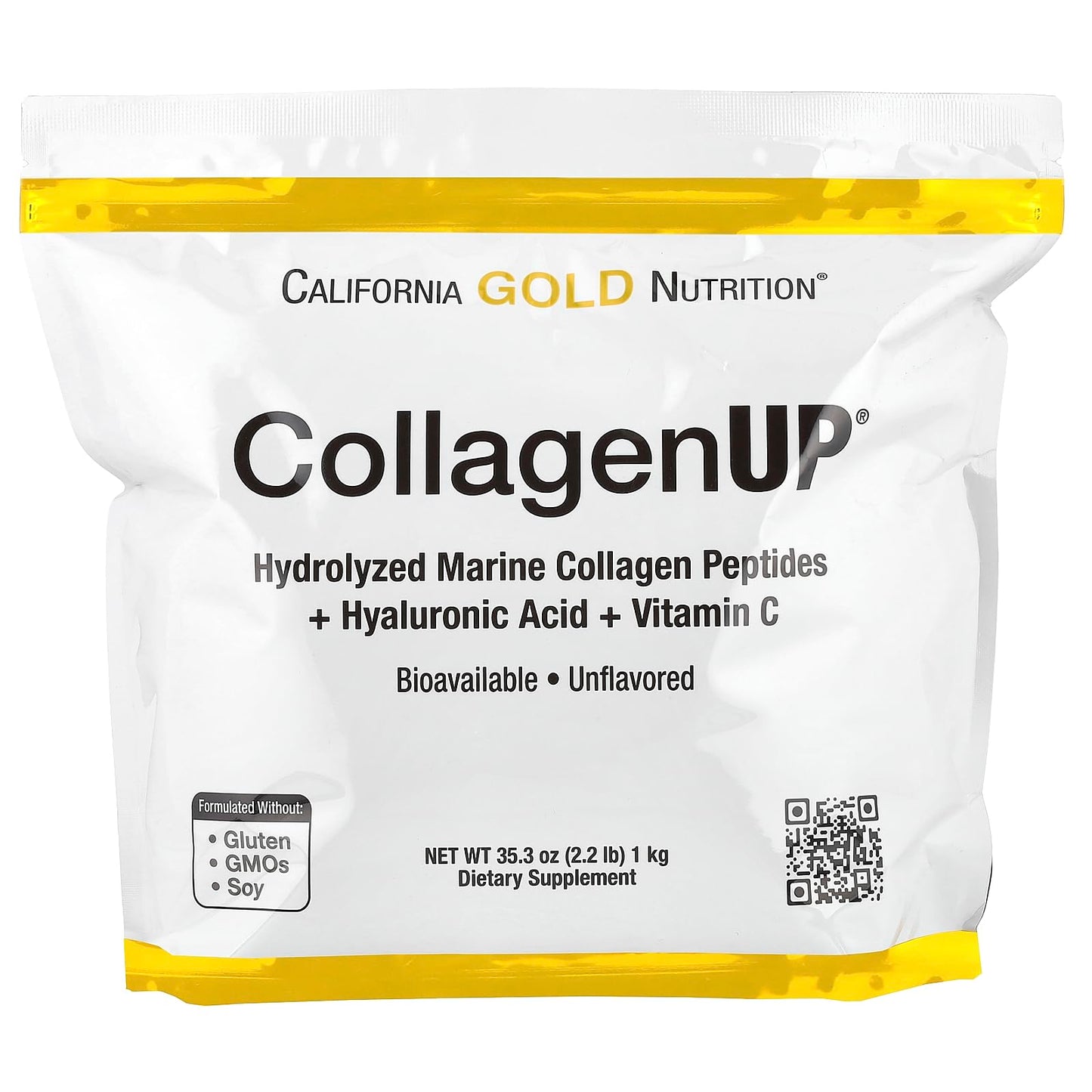 California Gold Nutrition CollagenUP®, Hydrolyzed Marine Collagen Peptides with Hyaluronic Acid and Vitamin C, Unflavored, 2.2 lb (1 kg)