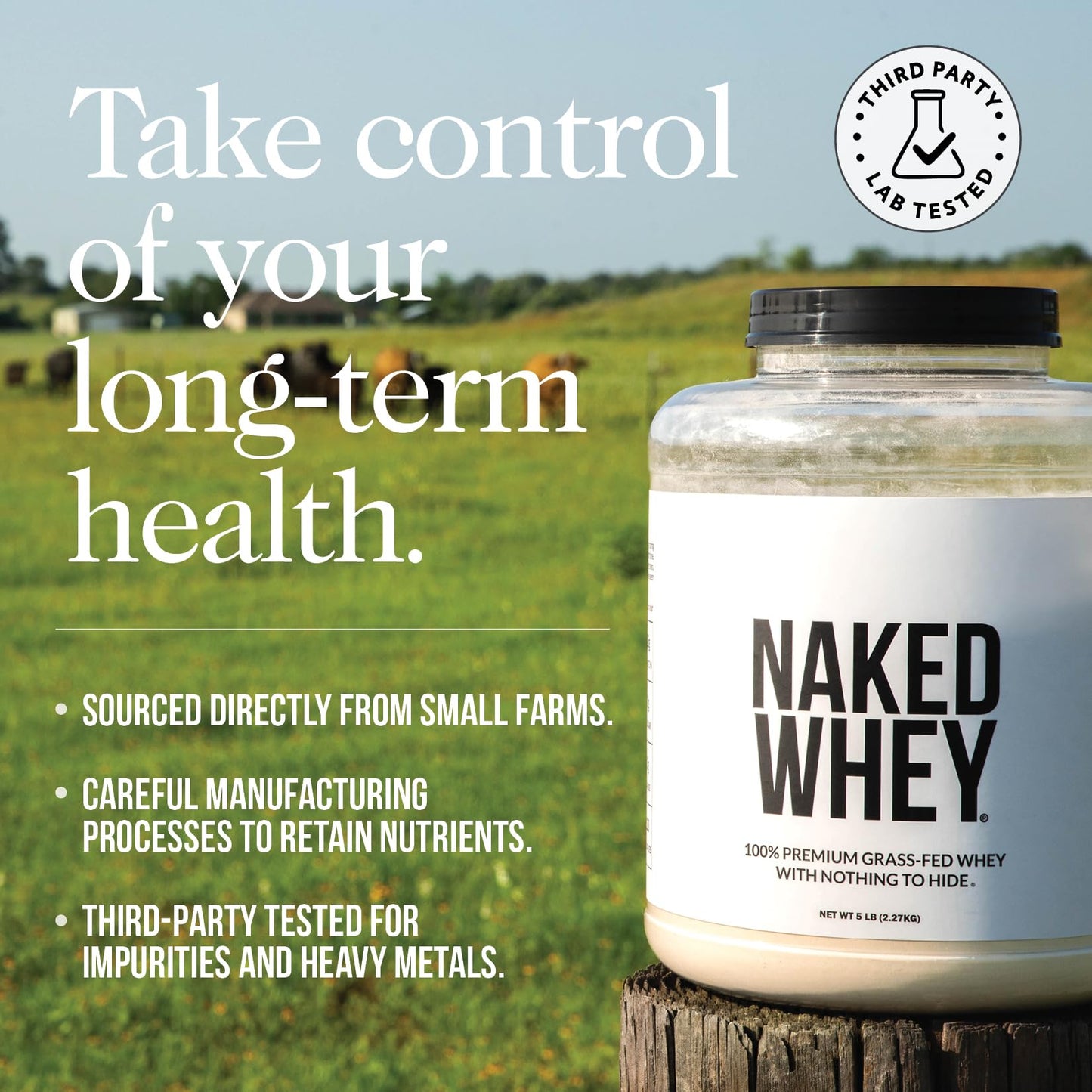 NAKED WHEY 5LB 100% Grass Fed Unflavored Whey Protein Powder - Only 1 Ingredient, Undenatured - No GMO, Soy or Gluten - No Preservatives - Promote Muscle Growth and Recovery - 76 Servings