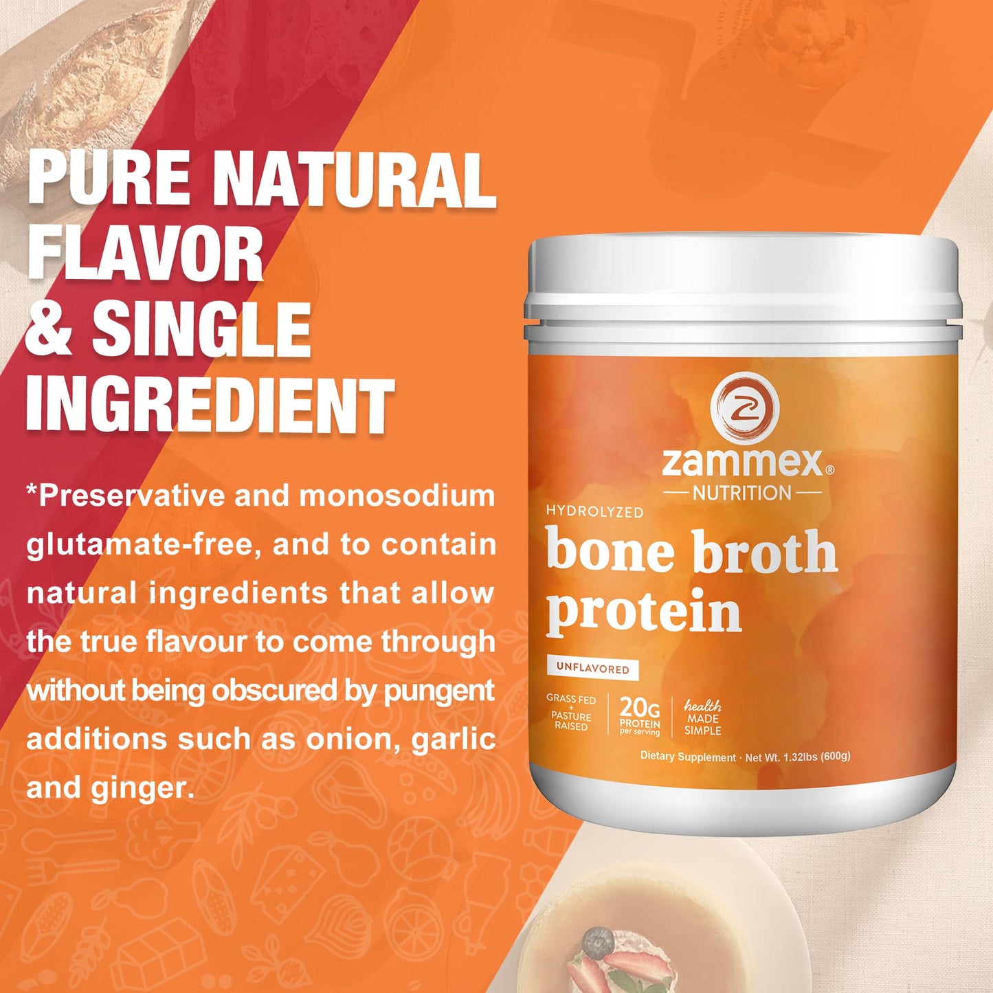 Zammex Pure Grass Fed Beef Bone Broth Protein Powder,20g Protein, Hydrolyzed Collagen Supplement for Healthy Skin,Nails,Hair,Joints, Non-GMO,Gluten Free,Paleo & Keto Friendly, Great in Soup