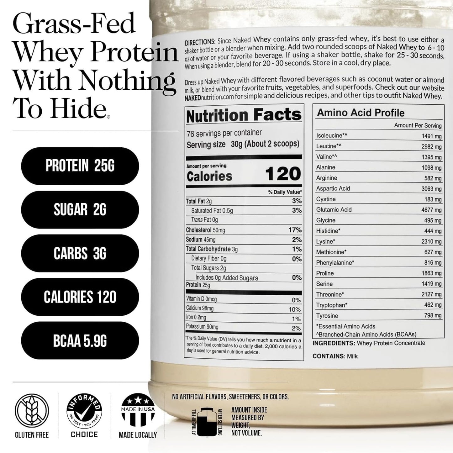 NAKED WHEY 5LB 100% Grass Fed Unflavored Whey Protein Powder - Only 1 Ingredient, Undenatured - No GMO, Soy or Gluten - No Preservatives - Promote Muscle Growth and Recovery - 76 Servings