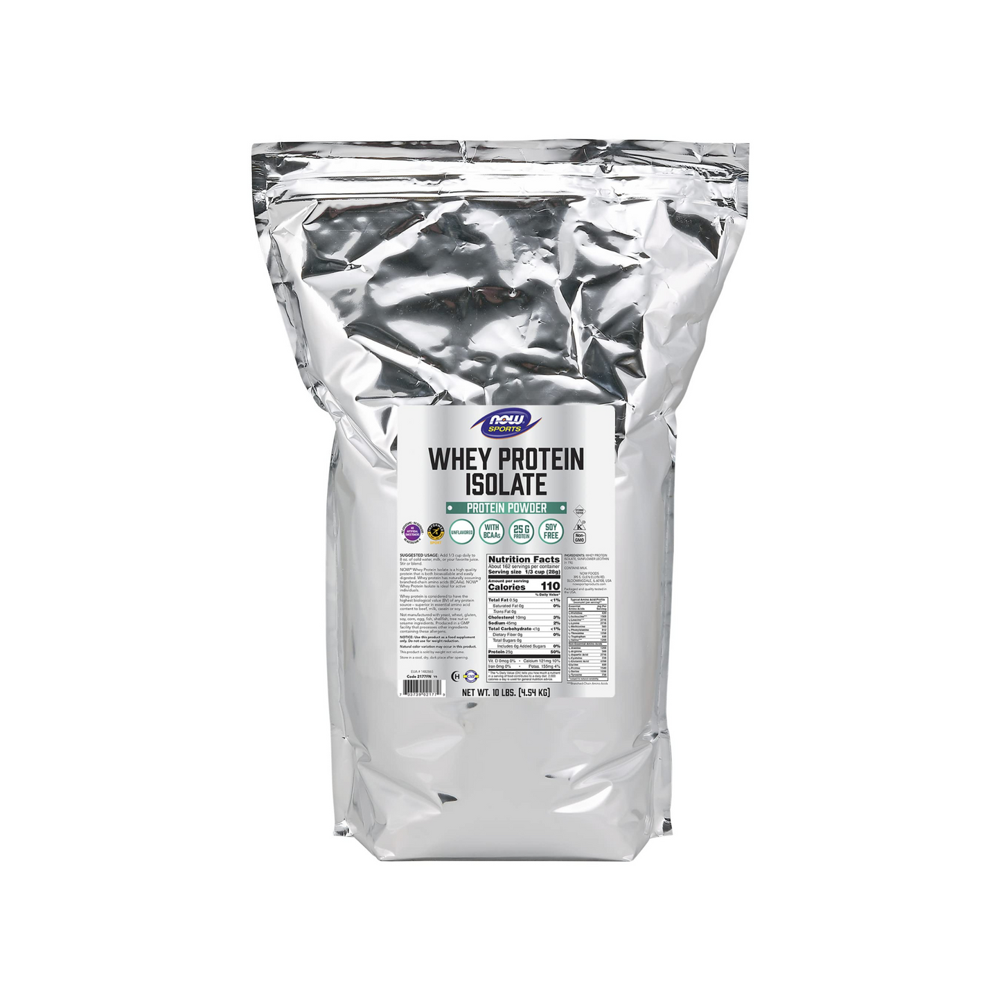 NOW Foods Sports Nutrition, Whey Protein Isolate, 25 g With BCAAs, Unflavored Powder, 10-Pound