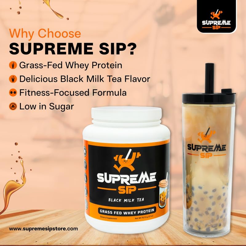 Supreme Sip Boba Protein Powder Made with Real Black Tea - Boba Milk Tea Sweetened with Natural Monk Fruit - Clean, Creamy Boba Tea Protein Powder - Grass Fed Whey Protein Isolate Bubble Tea - 27 Oz