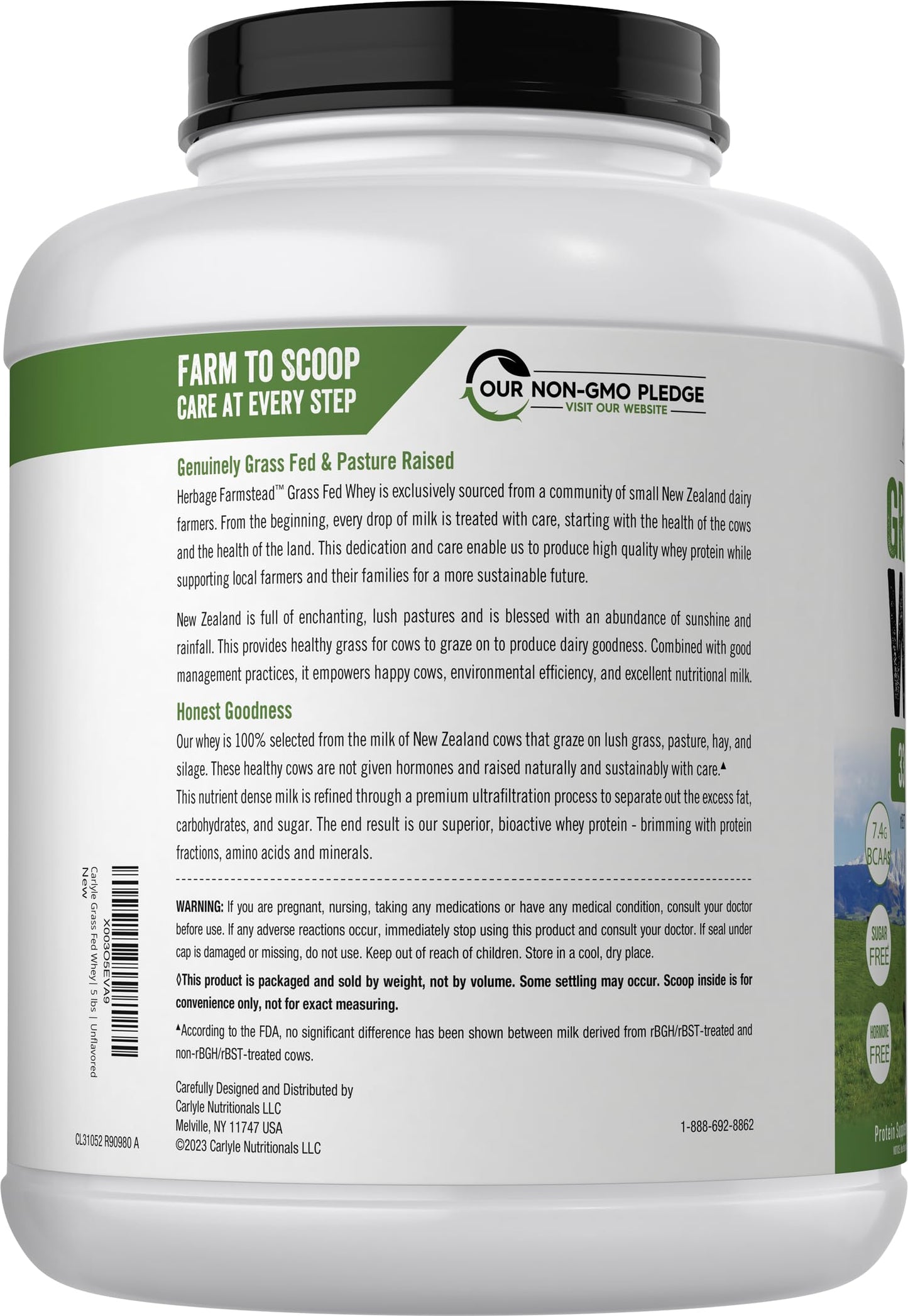 Carlyle Grass Fed Whey Protein Powder | 5lb (80 oz) | 33g of Protein Per Serving | Unflavored | Sugar and Hormone Free | Non-GMO and Gluten Free Supplement | by Herbage Farmstead