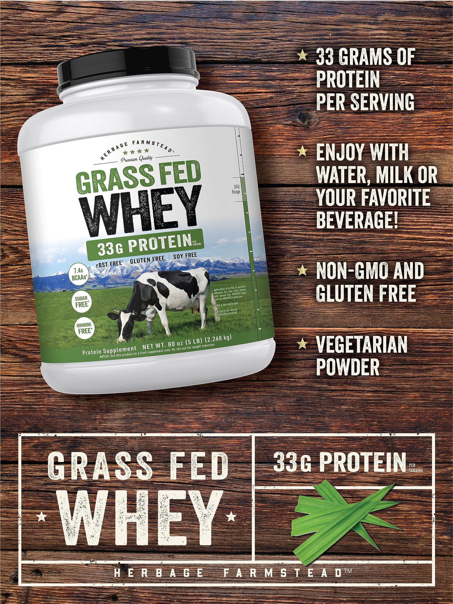 Carlyle Grass Fed Whey Protein Powder | 5lb (80 oz) | 33g of Protein Per Serving | Unflavored | Sugar and Hormone Free | Non-GMO and Gluten Free Supplement | by Herbage Farmstead