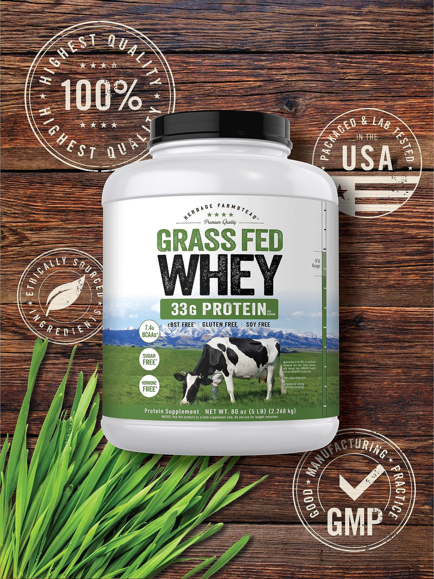 Carlyle Grass Fed Whey Protein Powder | 5lb (80 oz) | 33g of Protein Per Serving | Unflavored | Sugar and Hormone Free | Non-GMO and Gluten Free Supplement | by Herbage Farmstead