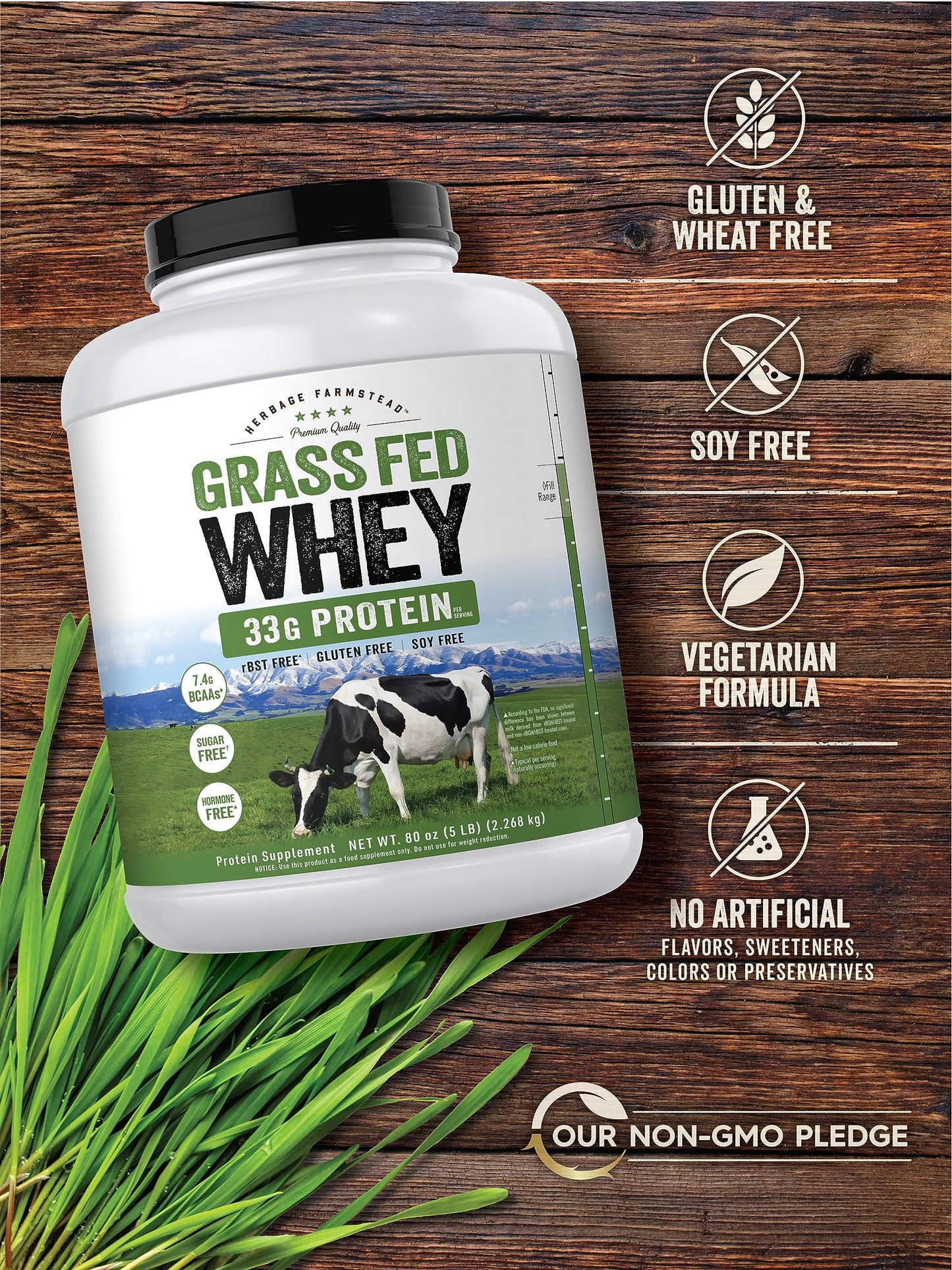 Carlyle Grass Fed Whey Protein Powder | 5lb (80 oz) | 33g of Protein Per Serving | Unflavored | Sugar and Hormone Free | Non-GMO and Gluten Free Supplement | by Herbage Farmstead